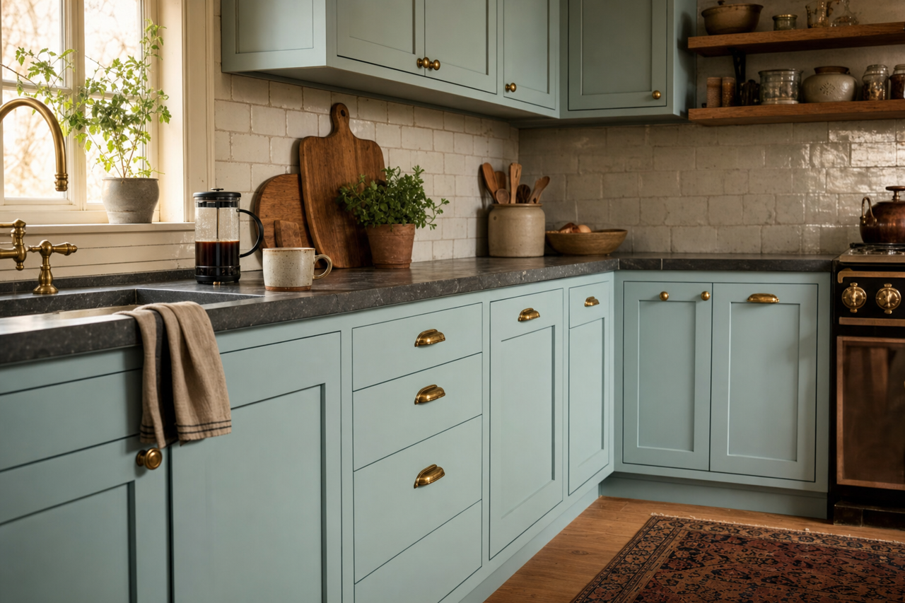 Gossamer by Benjamin Moore on cabinets