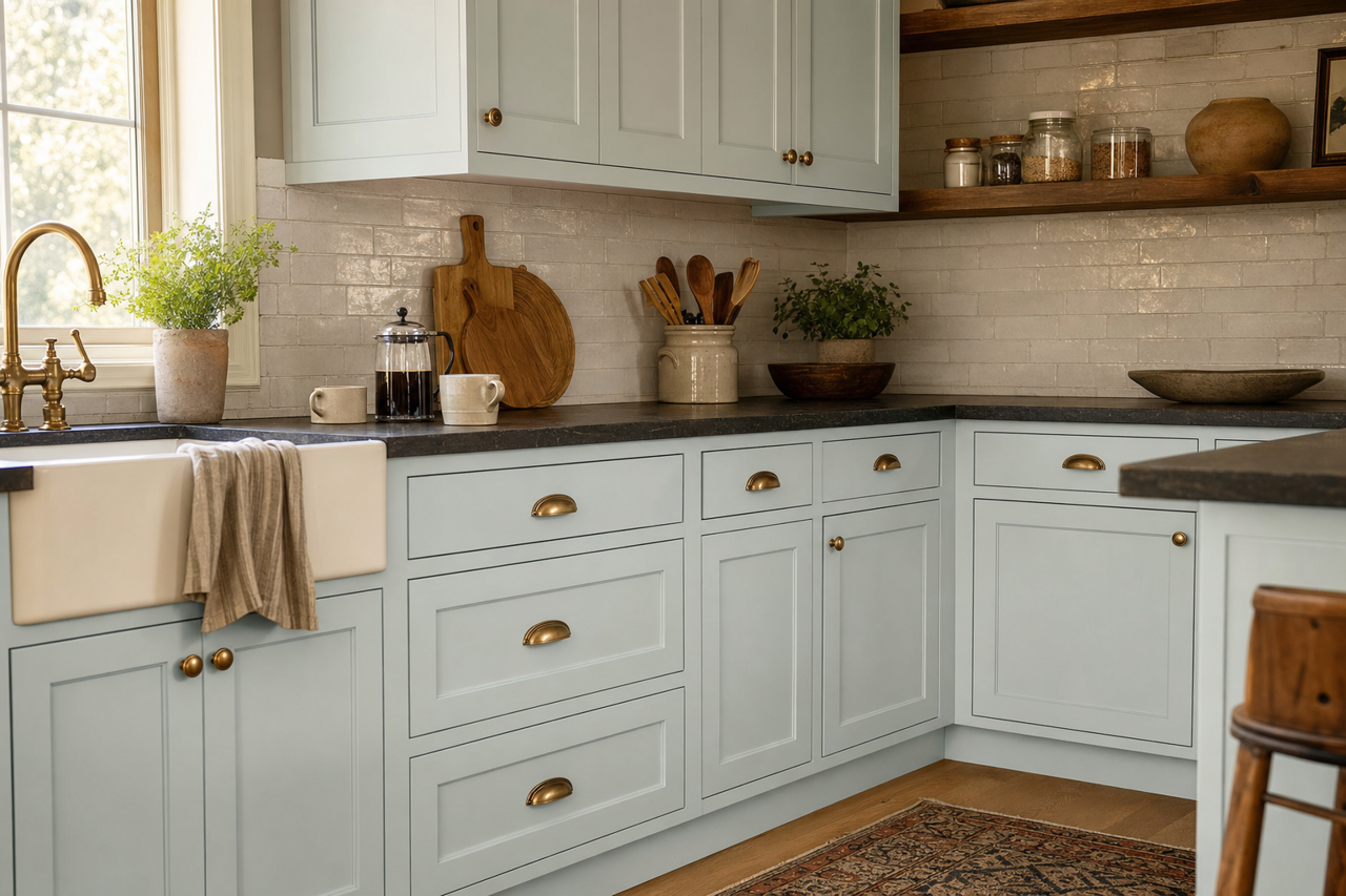 Silver by Benjamin Moore on cabinets