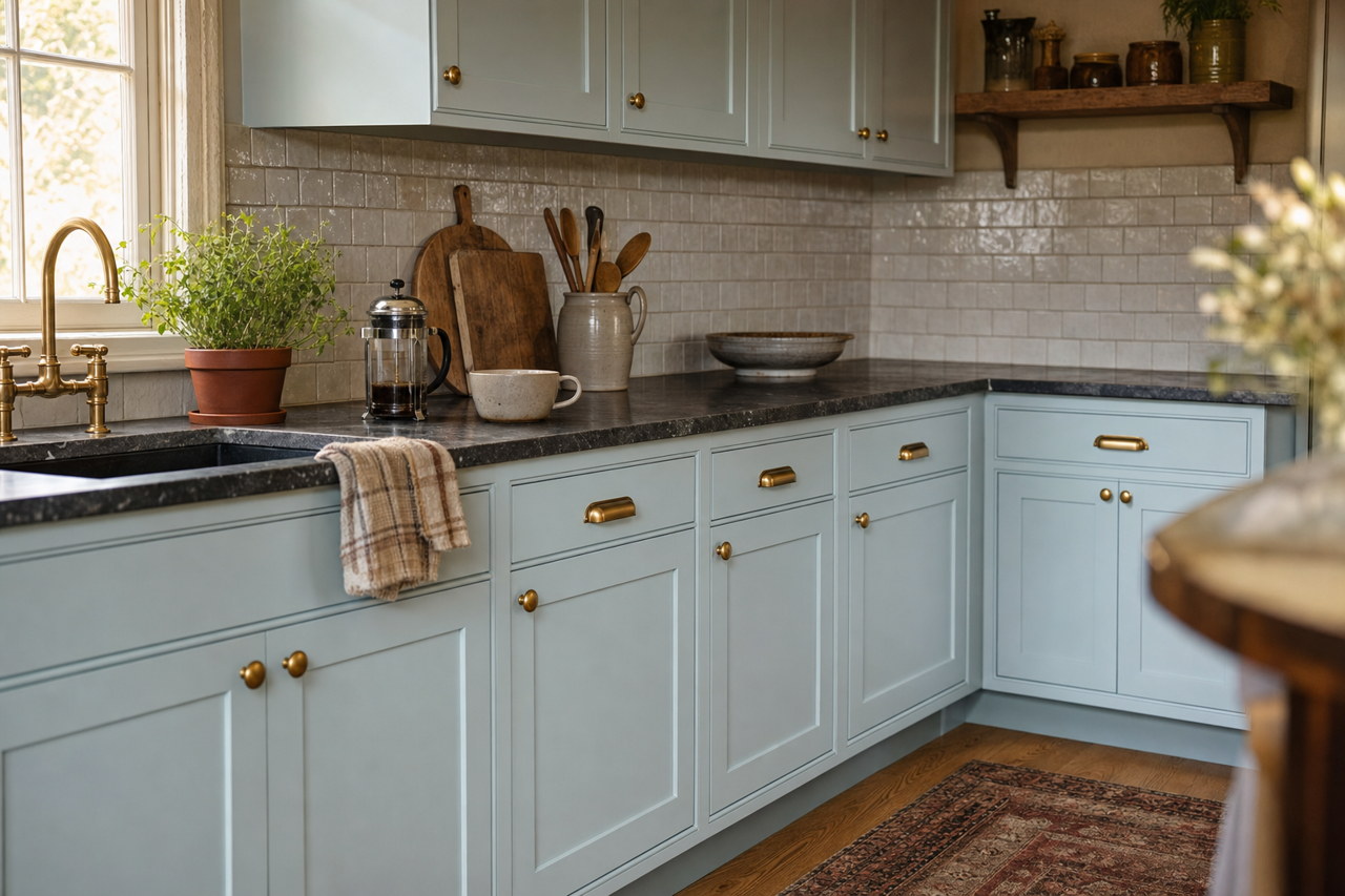 Silver by Benjamin Moore on cabinets