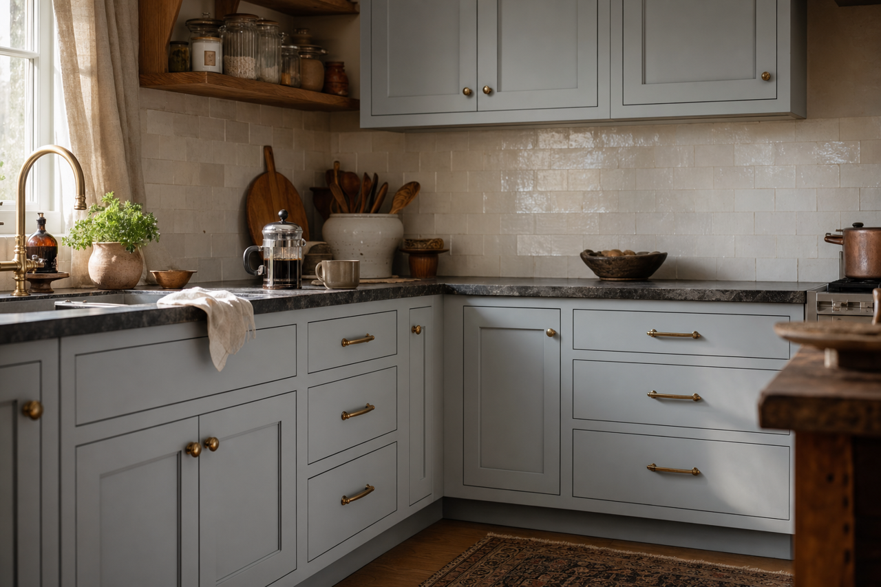 Pilgrim by Benjamin Moore on cabinets