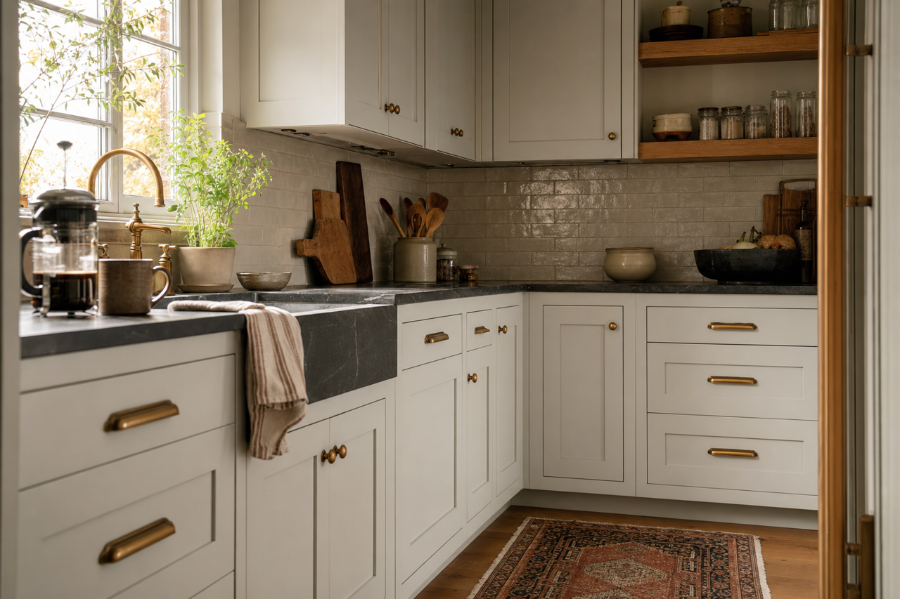 Whitestone by Benjamin Moore on cabinets