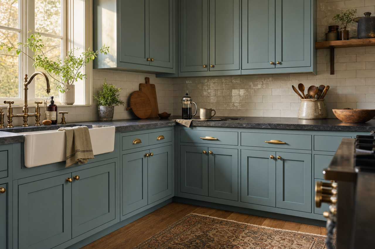 Aegean by Benjamin Moore on cabinets