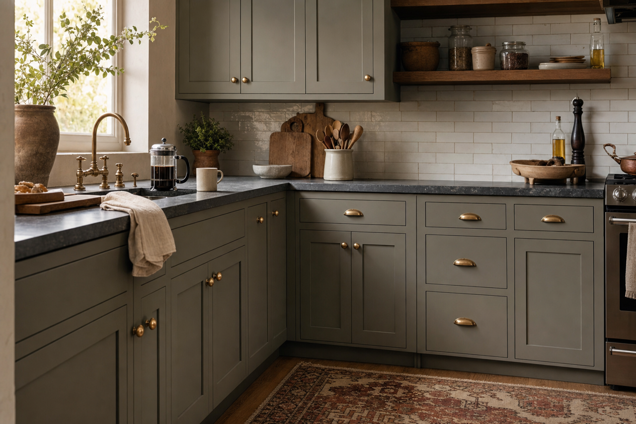 Sharkskin by Benjamin Moore on cabinets
