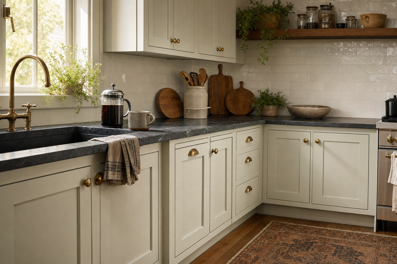 Moonshine by Benjamin Moore on cabinets