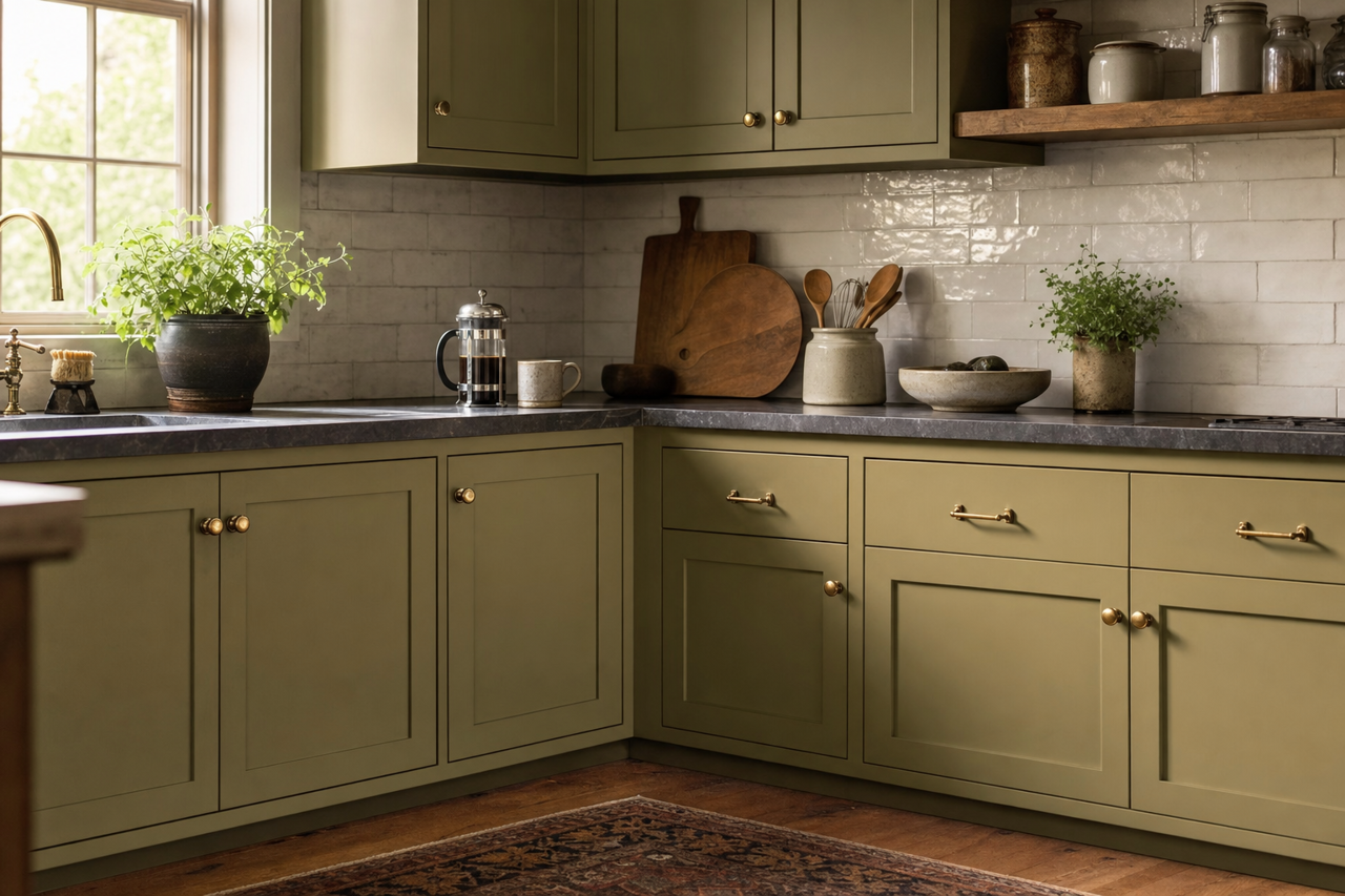 Sage by Benjamin Moore on cabinets
