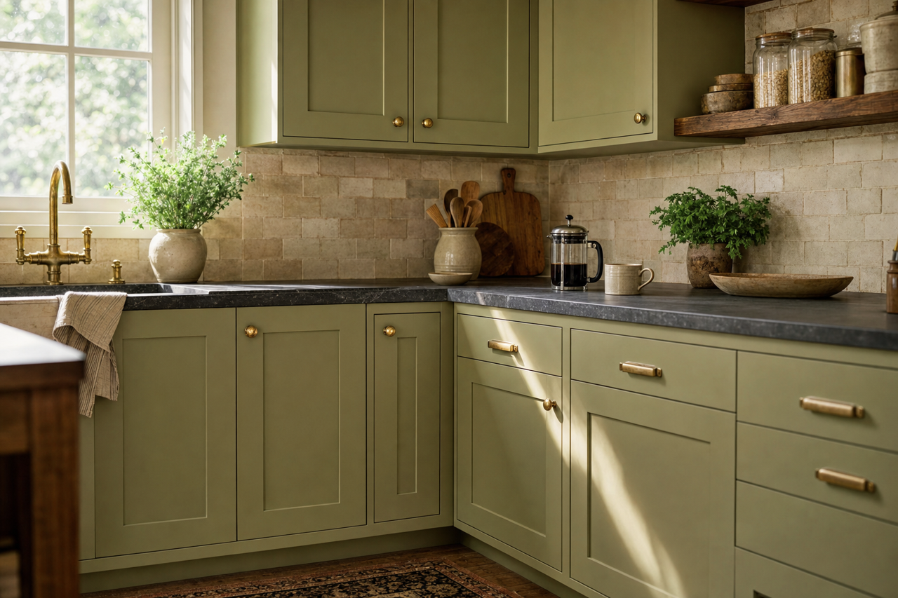 Eucalyptus by Benjamin Moore on cabinets