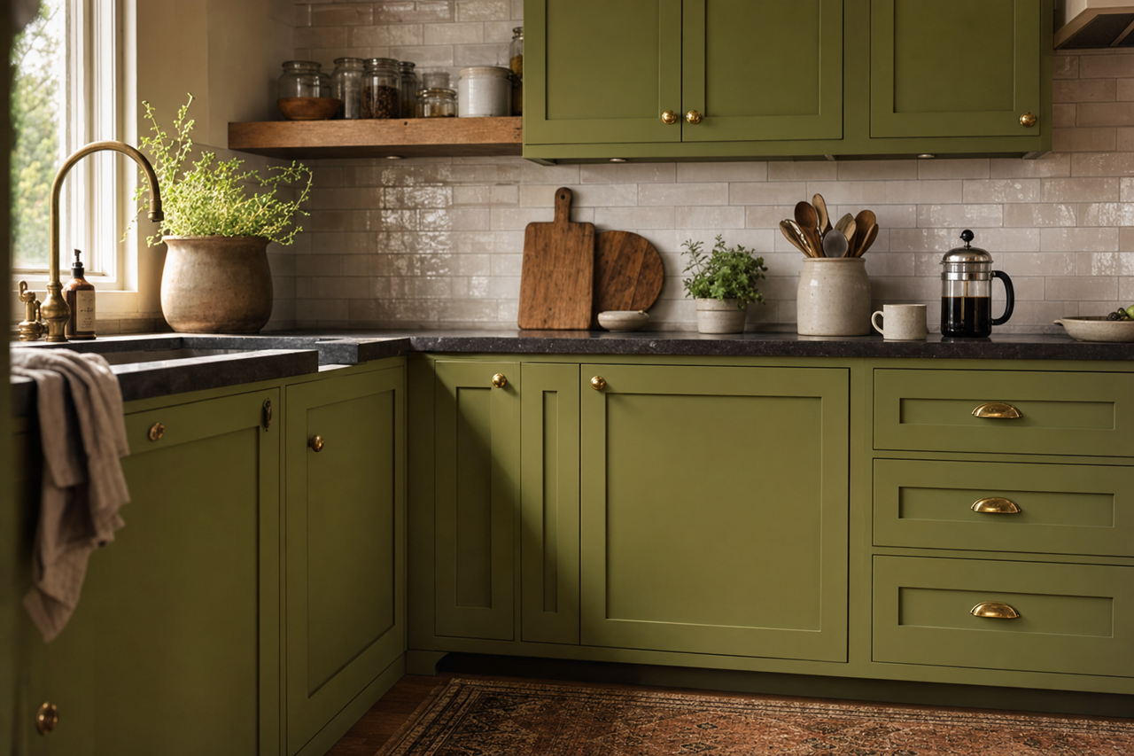 Avocado by Benjamin Moore on cabinets