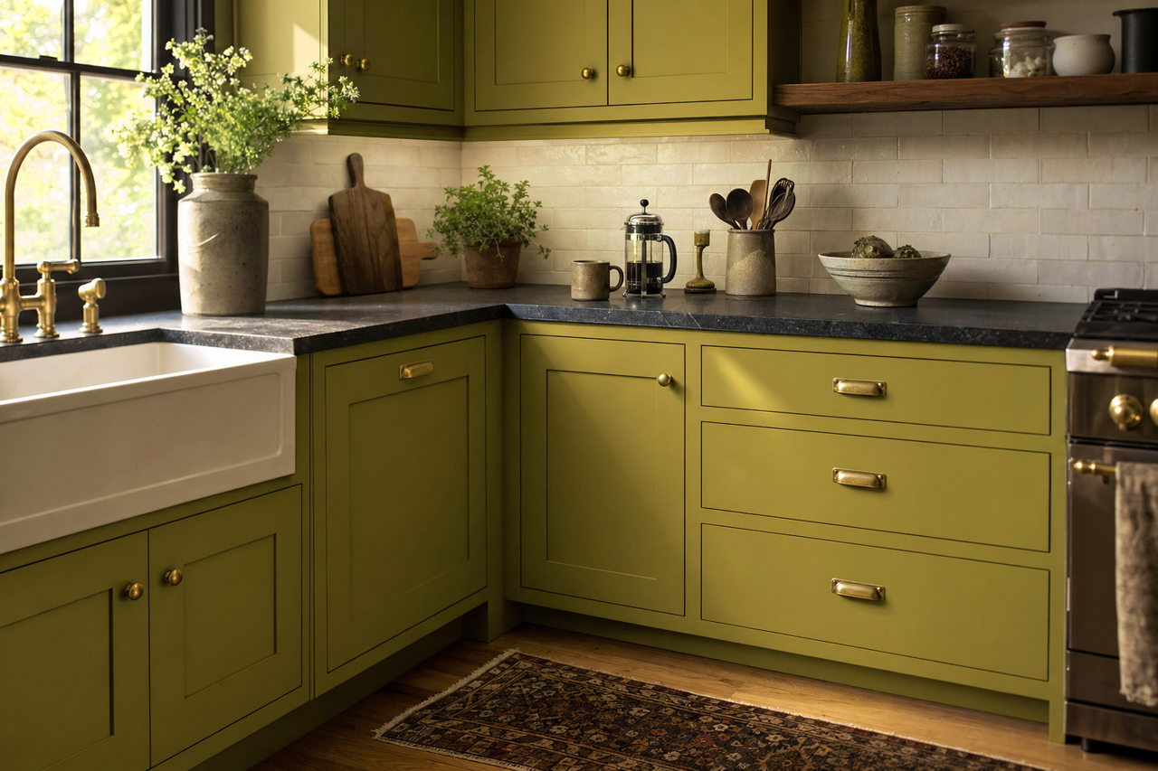 Oregano by Benjamin Moore on cabinets