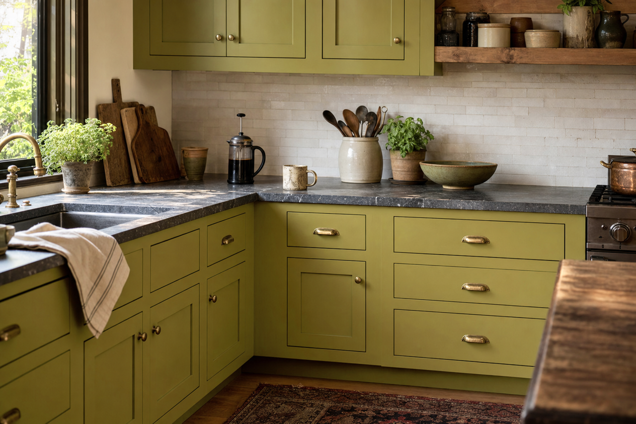 Olive by Benjamin Moore on cabinets