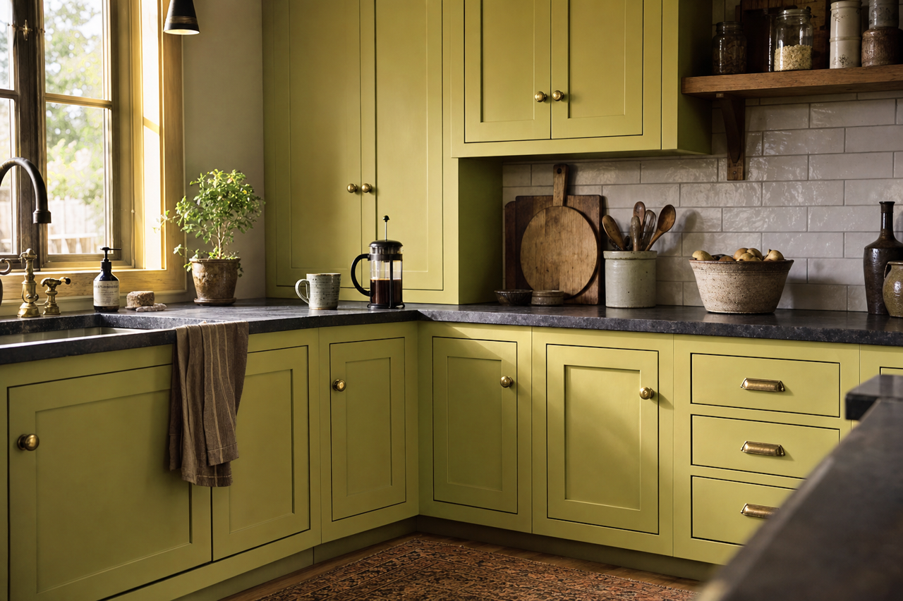 Jalapeño by Benjamin Moore on cabinets
