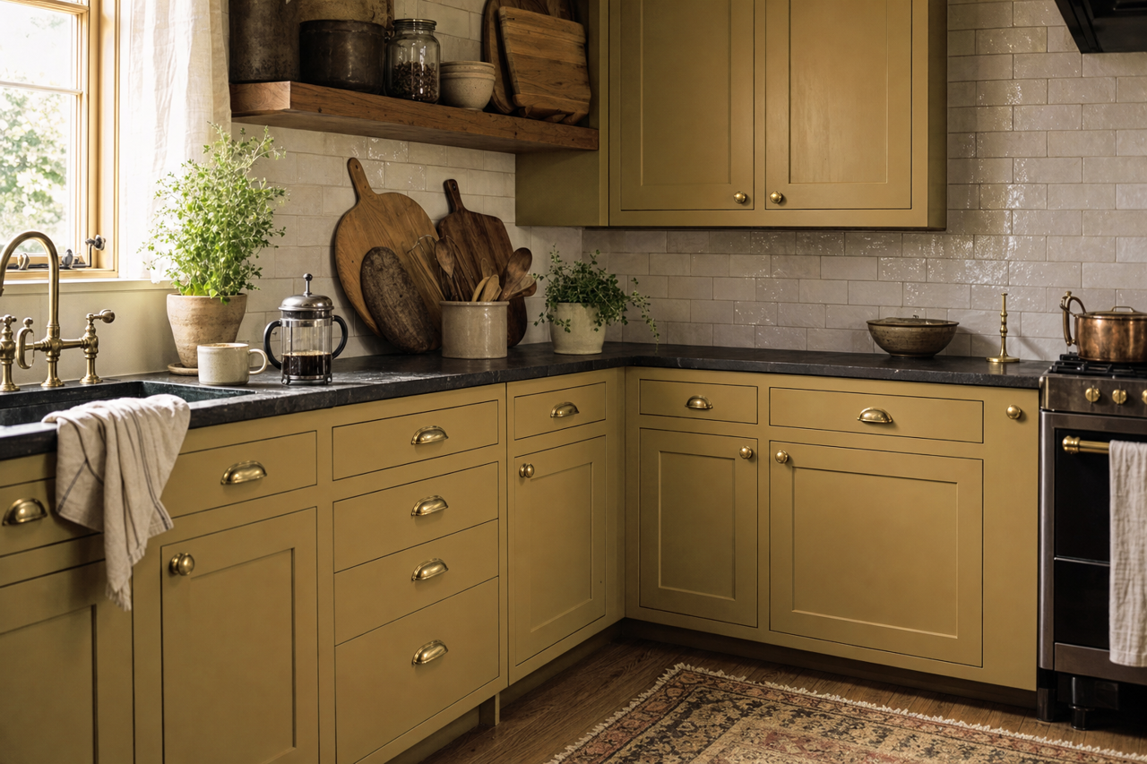 Thyme by Benjamin Moore on cabinets