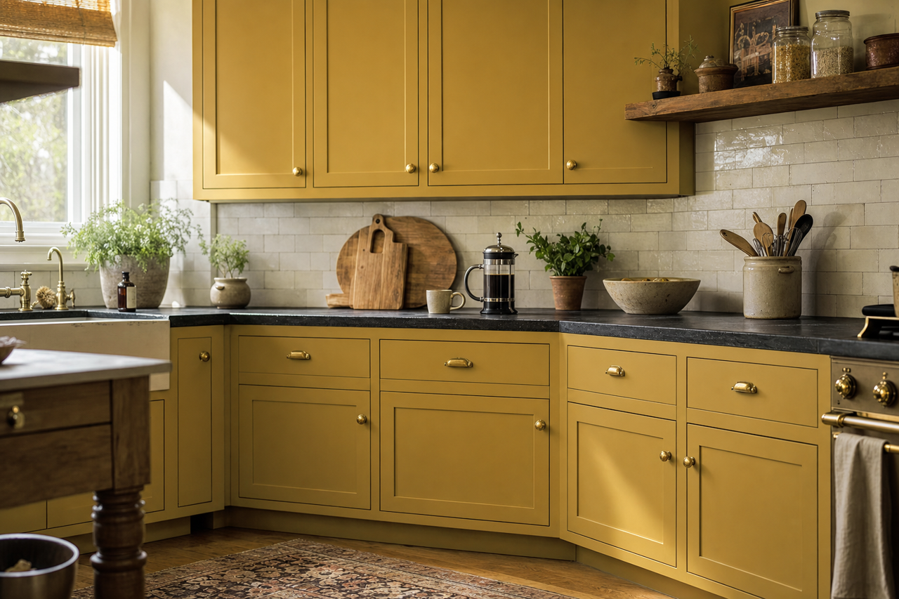Mustard by Benjamin Moore on cabinets