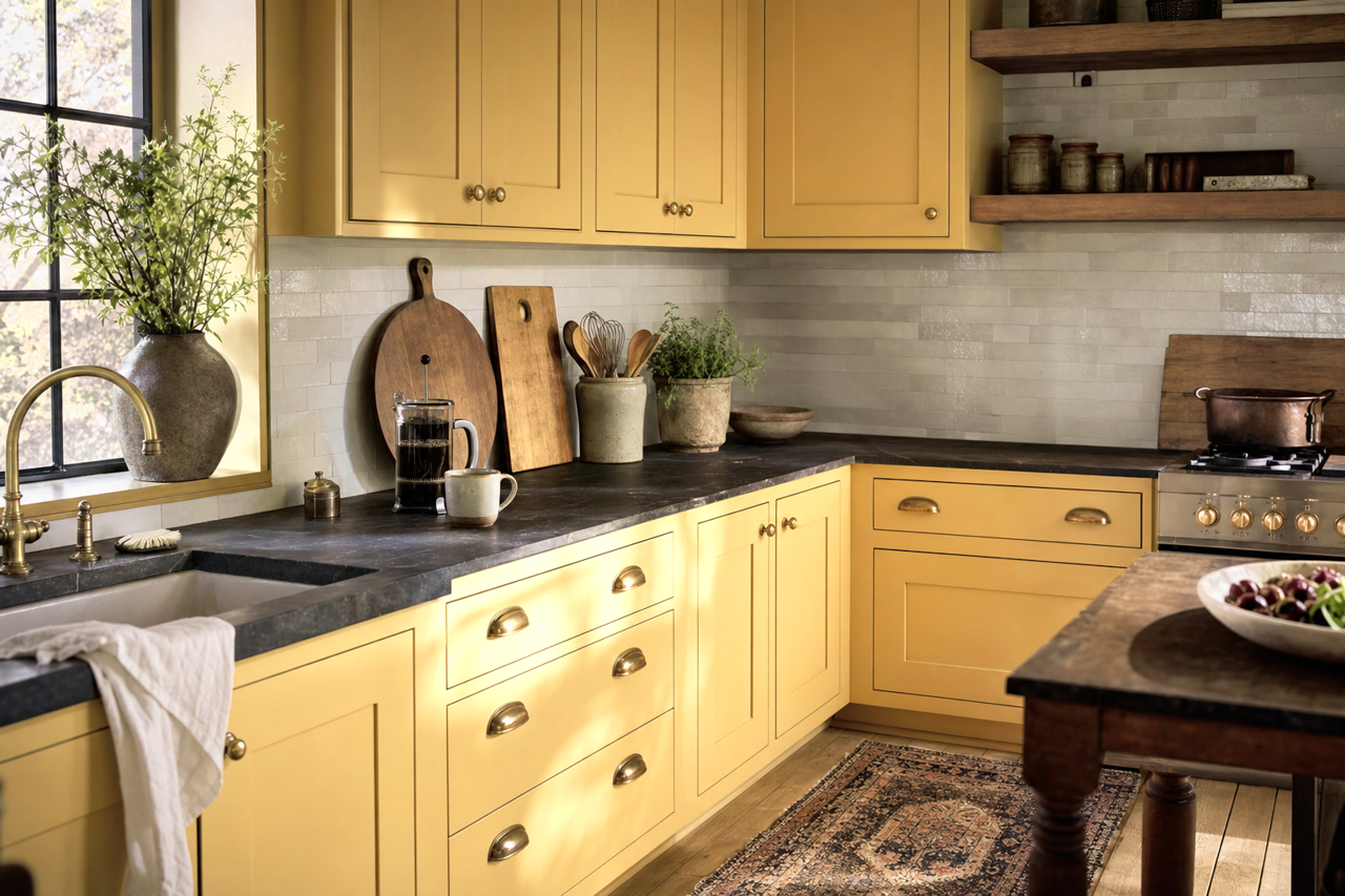 Sulfur by Benjamin Moore on cabinets