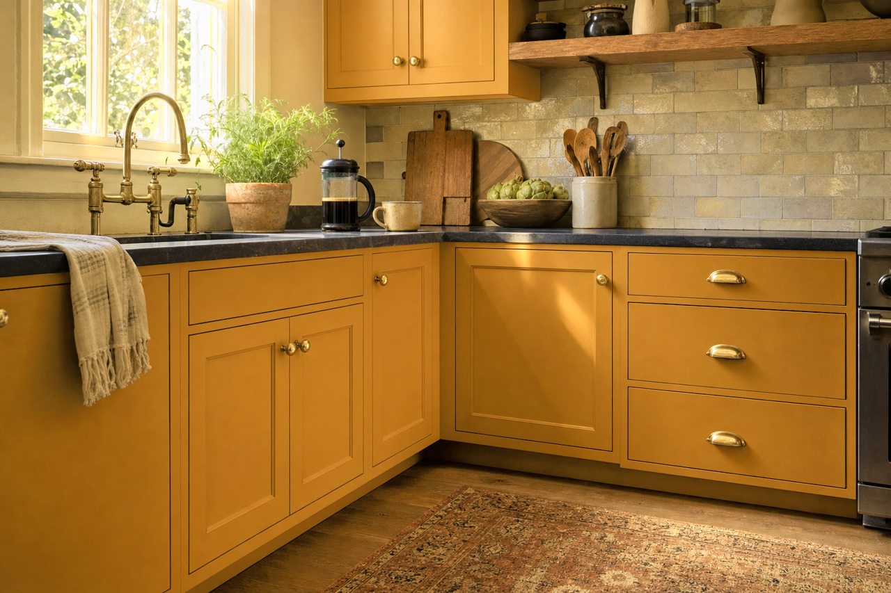Yellow by Benjamin Moore on cabinets