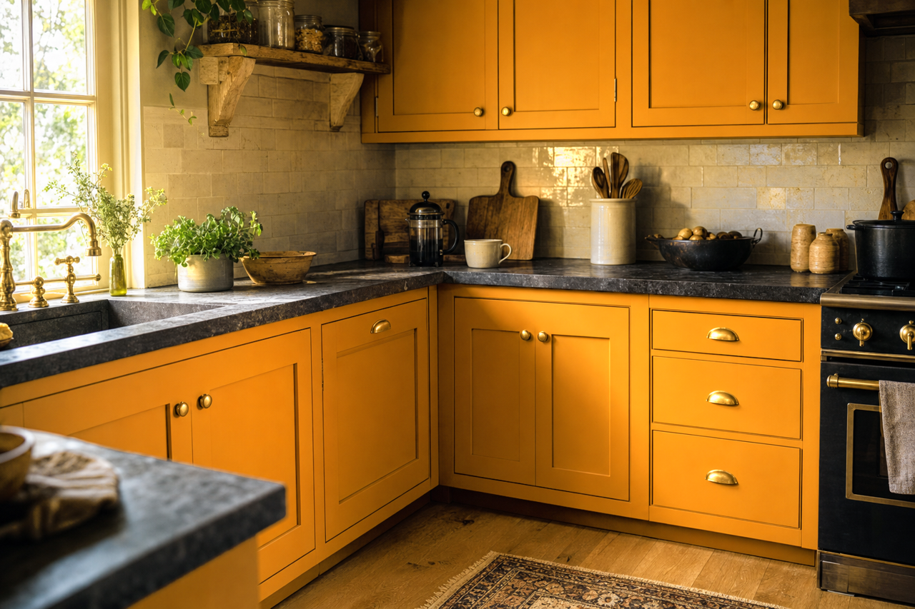 Gold by Benjamin Moore on cabinets
