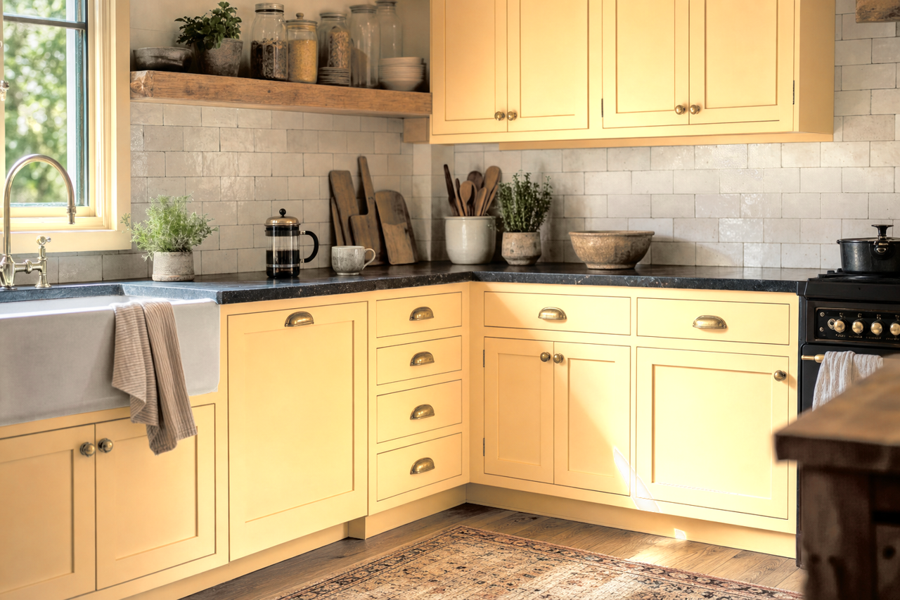Wheatfield by Benjamin Moore on cabinets