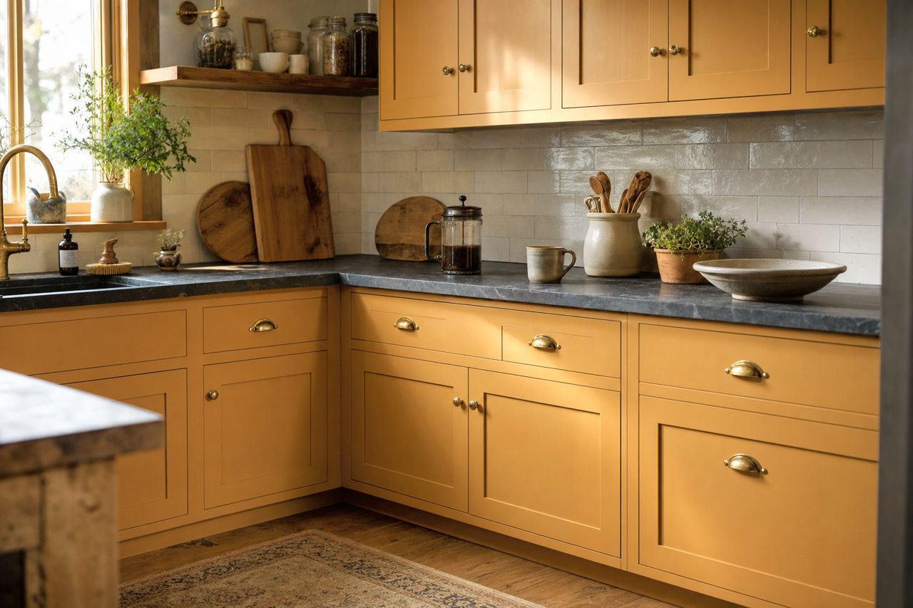 Turmeric by Benjamin Moore on cabinets