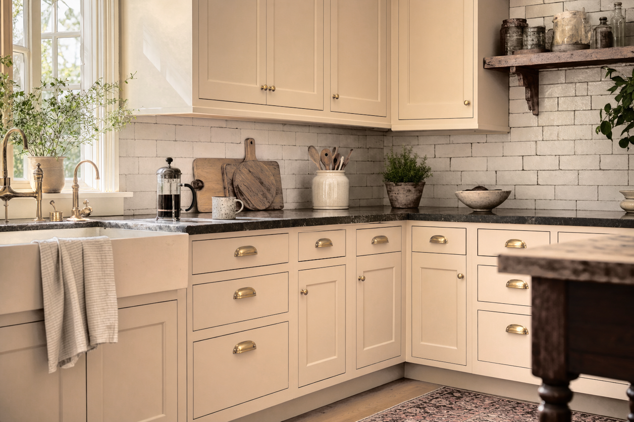 Burlap by Benjamin Moore on cabinets