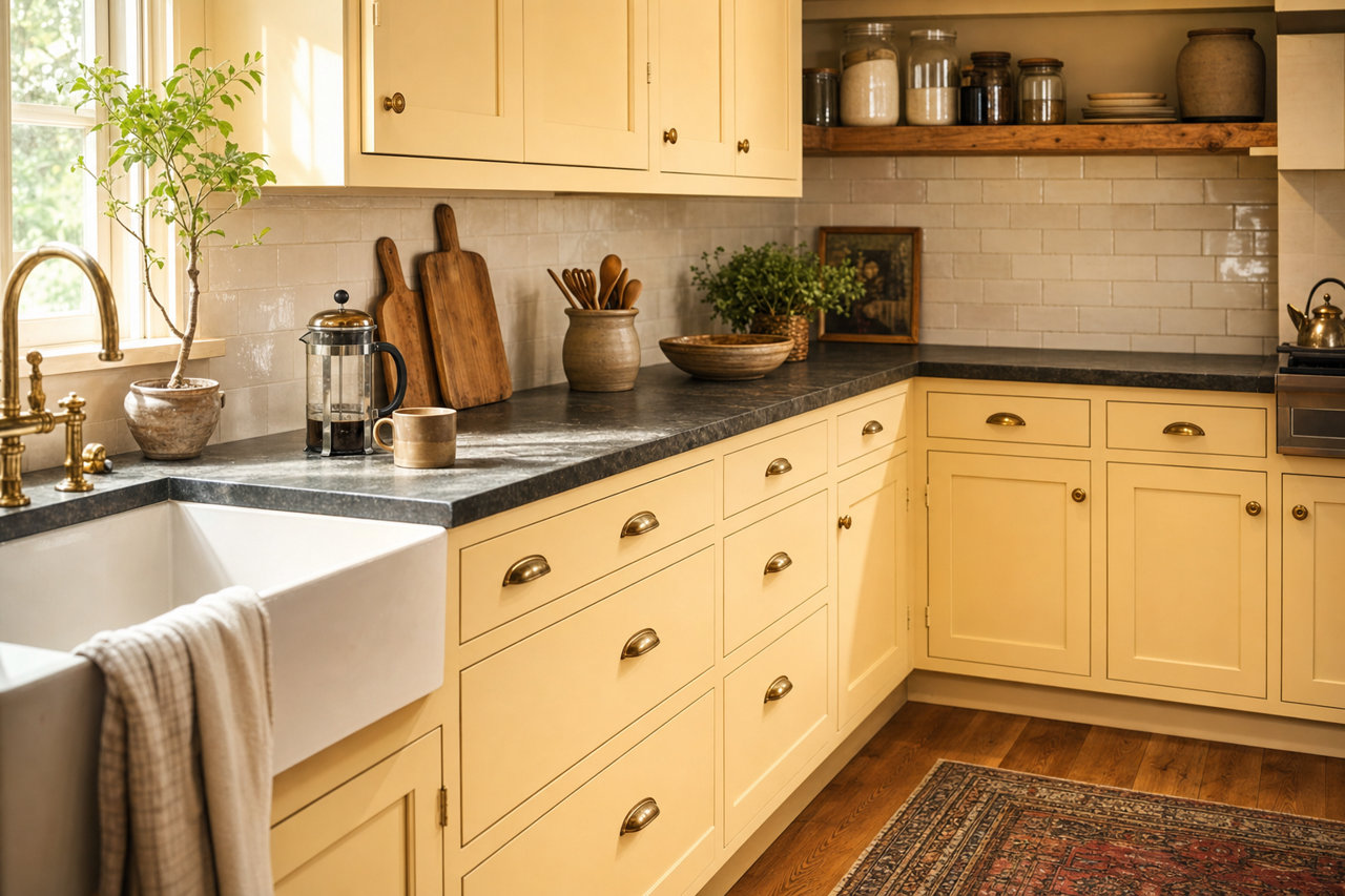 Butter by Benjamin Moore on cabinets