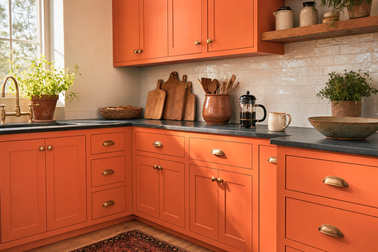 Orange by Benjamin Moore on cabinets