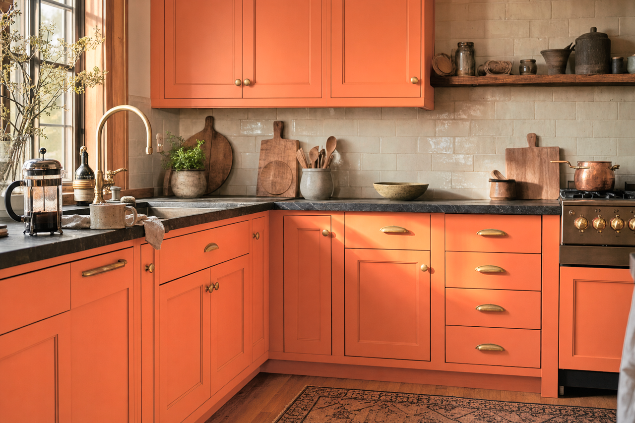 Oriole by Benjamin Moore on cabinets