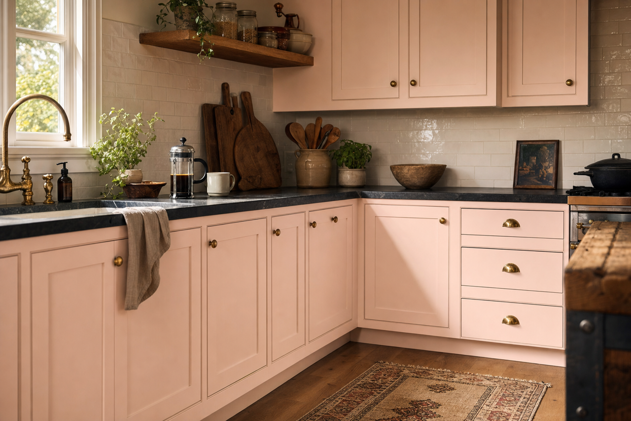 Pink by Benjamin Moore on cabinets