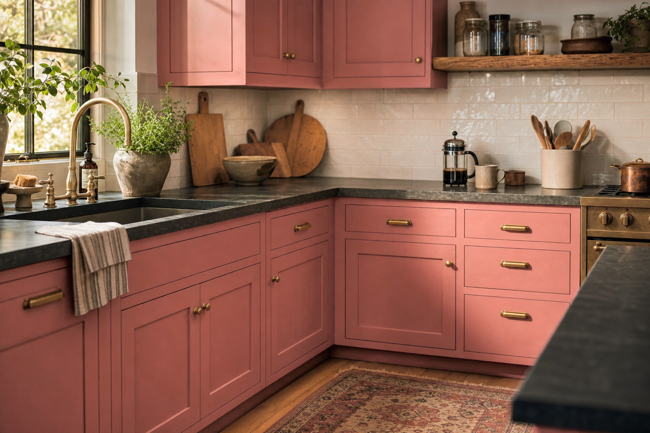 Raspberry by Benjamin Moore on cabinets