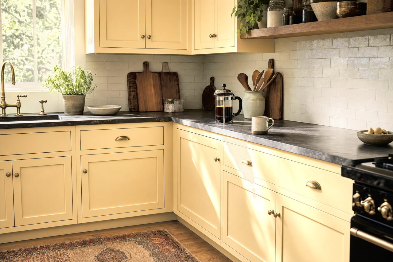 Yellow Bisque by Benjamin Moore on cabinets