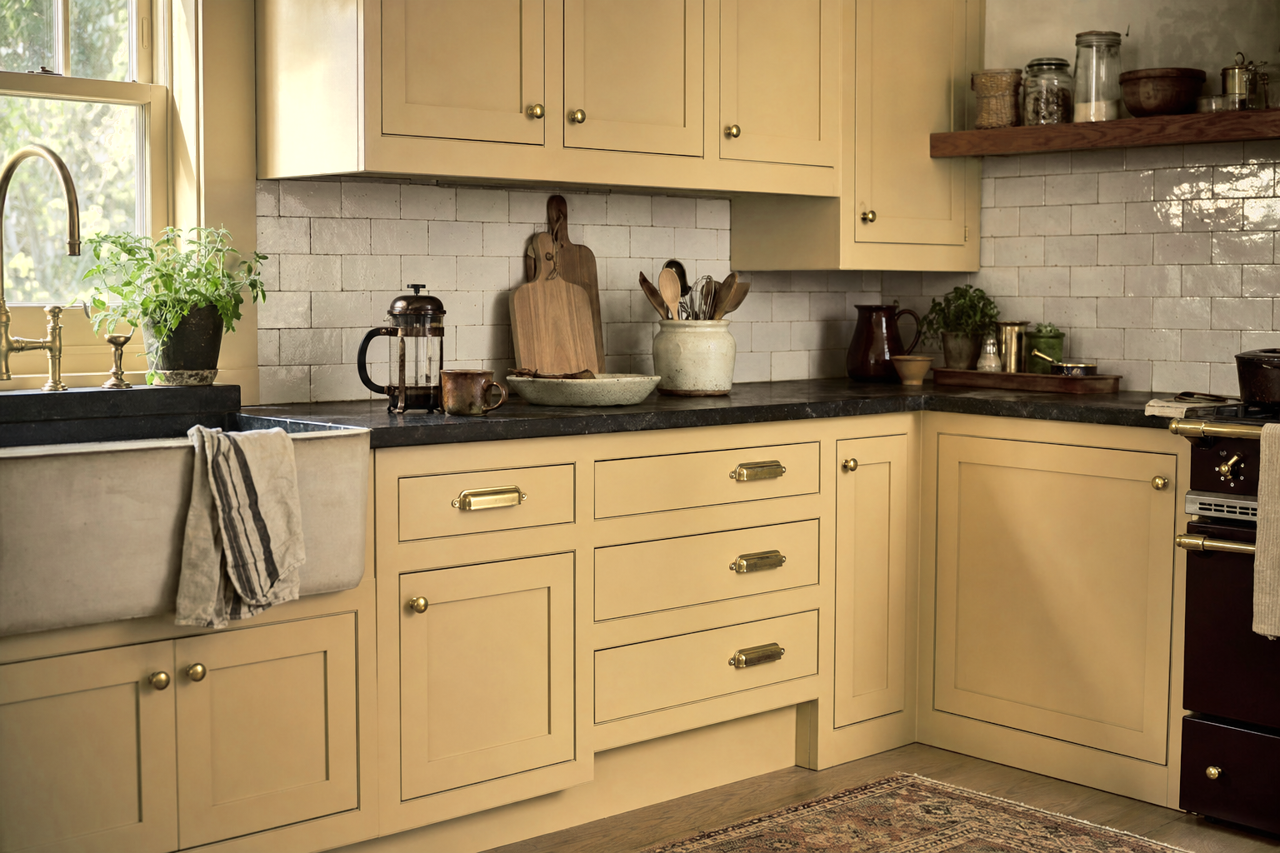 Shakespeare Tan by Benjamin Moore on cabinets