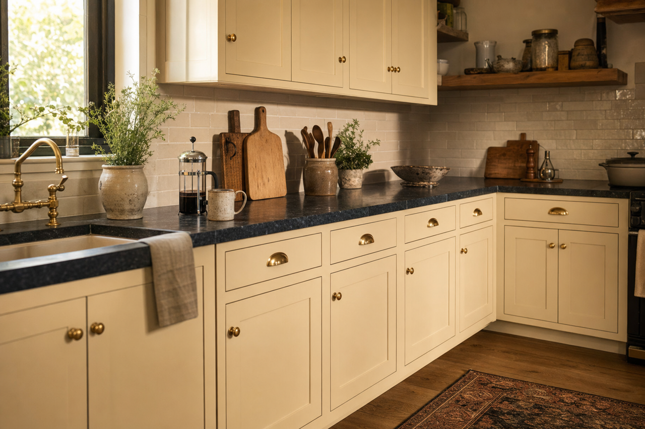 Cream Fleece by Benjamin Moore on cabinets