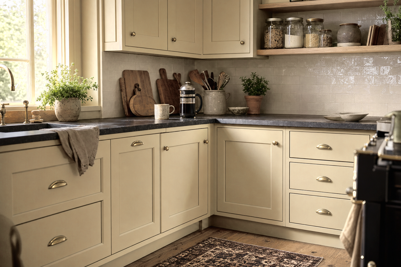 Crisp Chaki by Benjamin Moore on cabinets