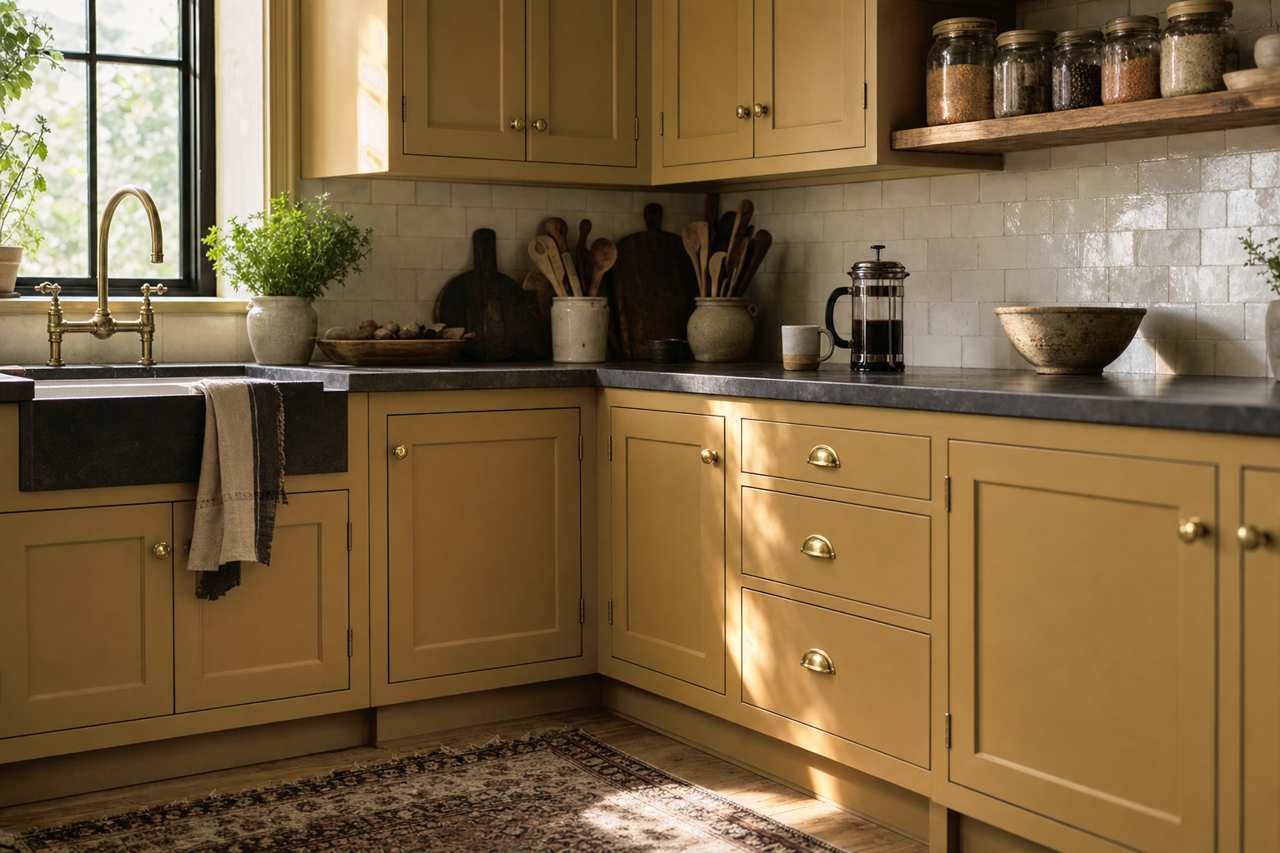 Olivetone by Benjamin Moore on cabinets
