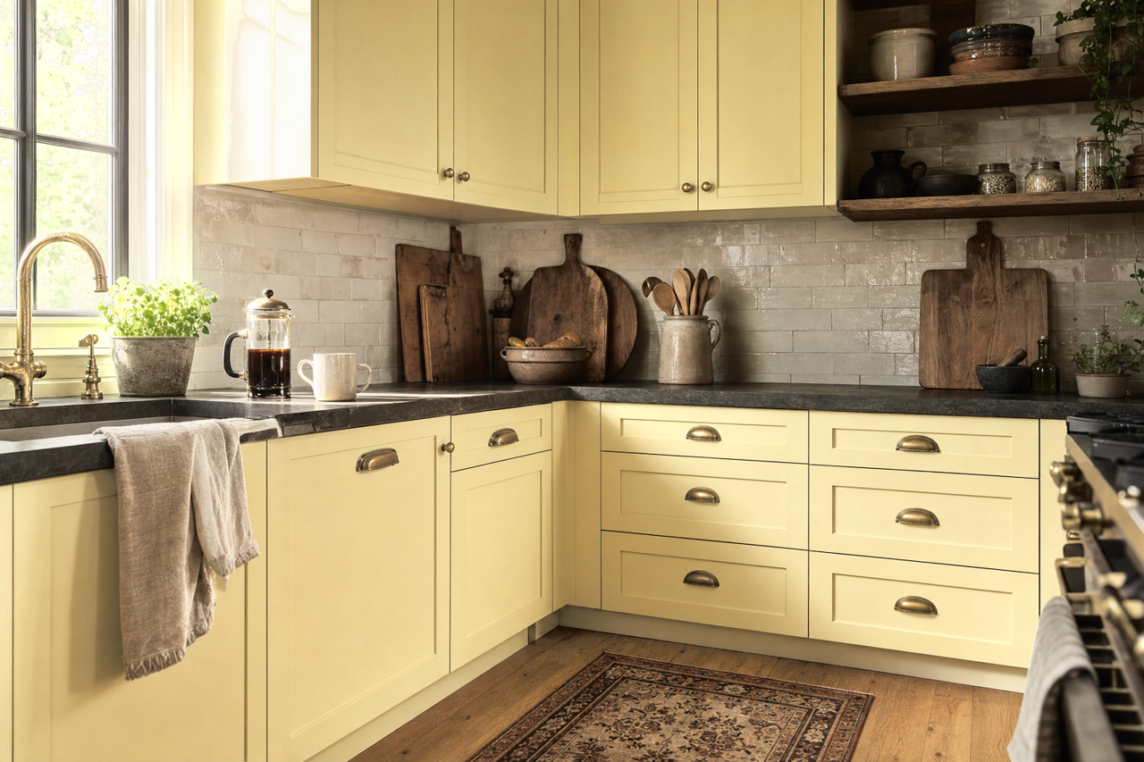 Golden Hills by Benjamin Moore on cabinets