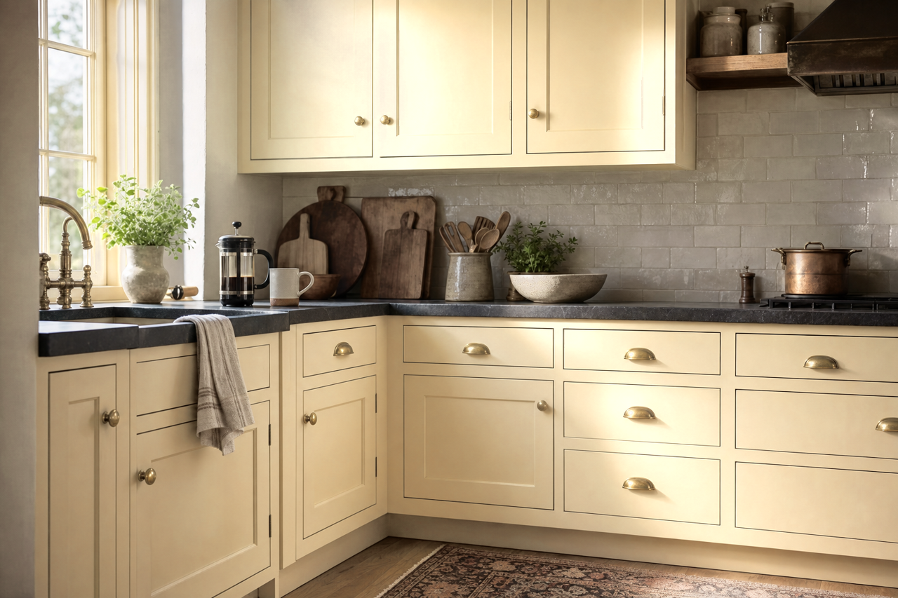 Almond Bisque by Benjamin Moore on cabinets