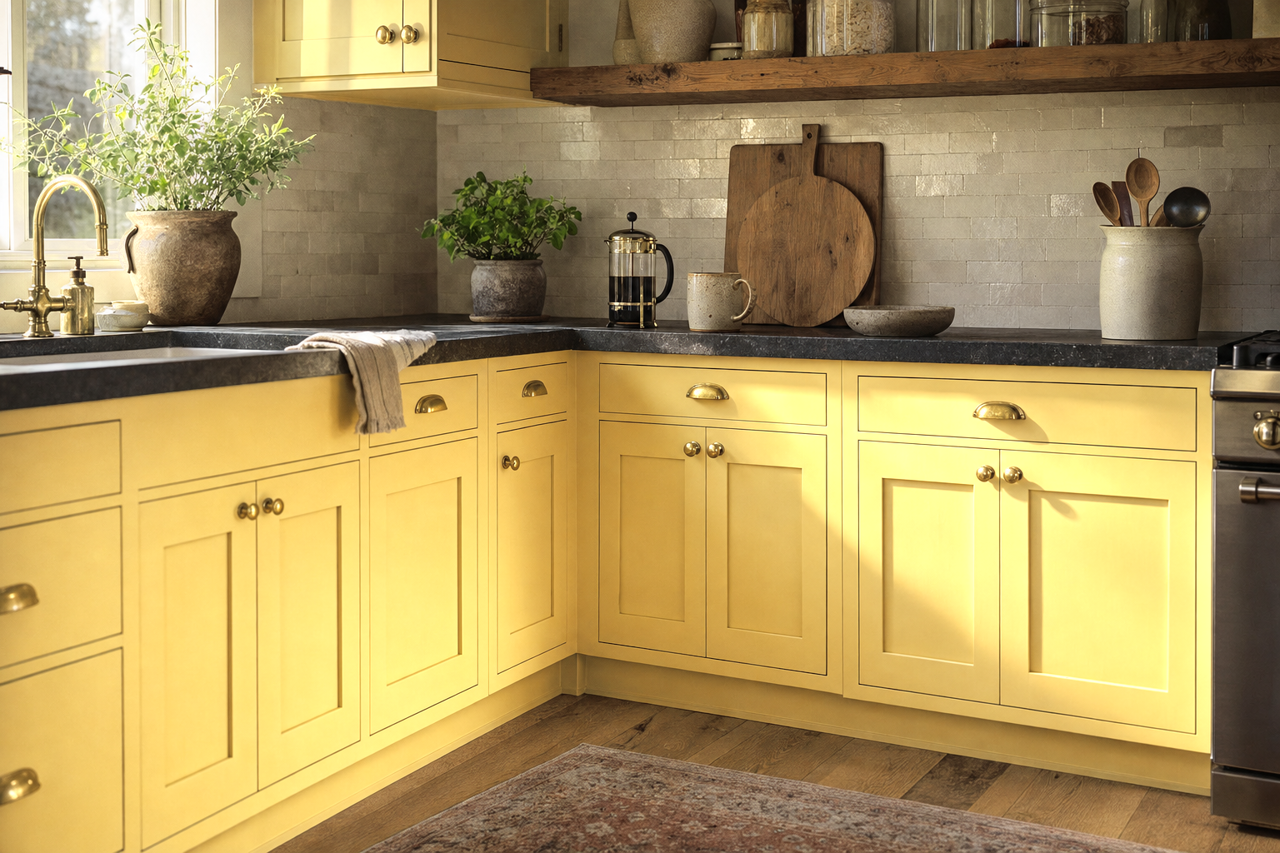 Goldfield by Benjamin Moore on cabinets