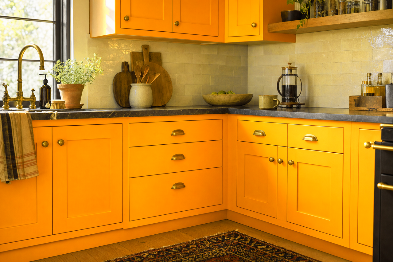 Orange Glow by Valspar on cabinets