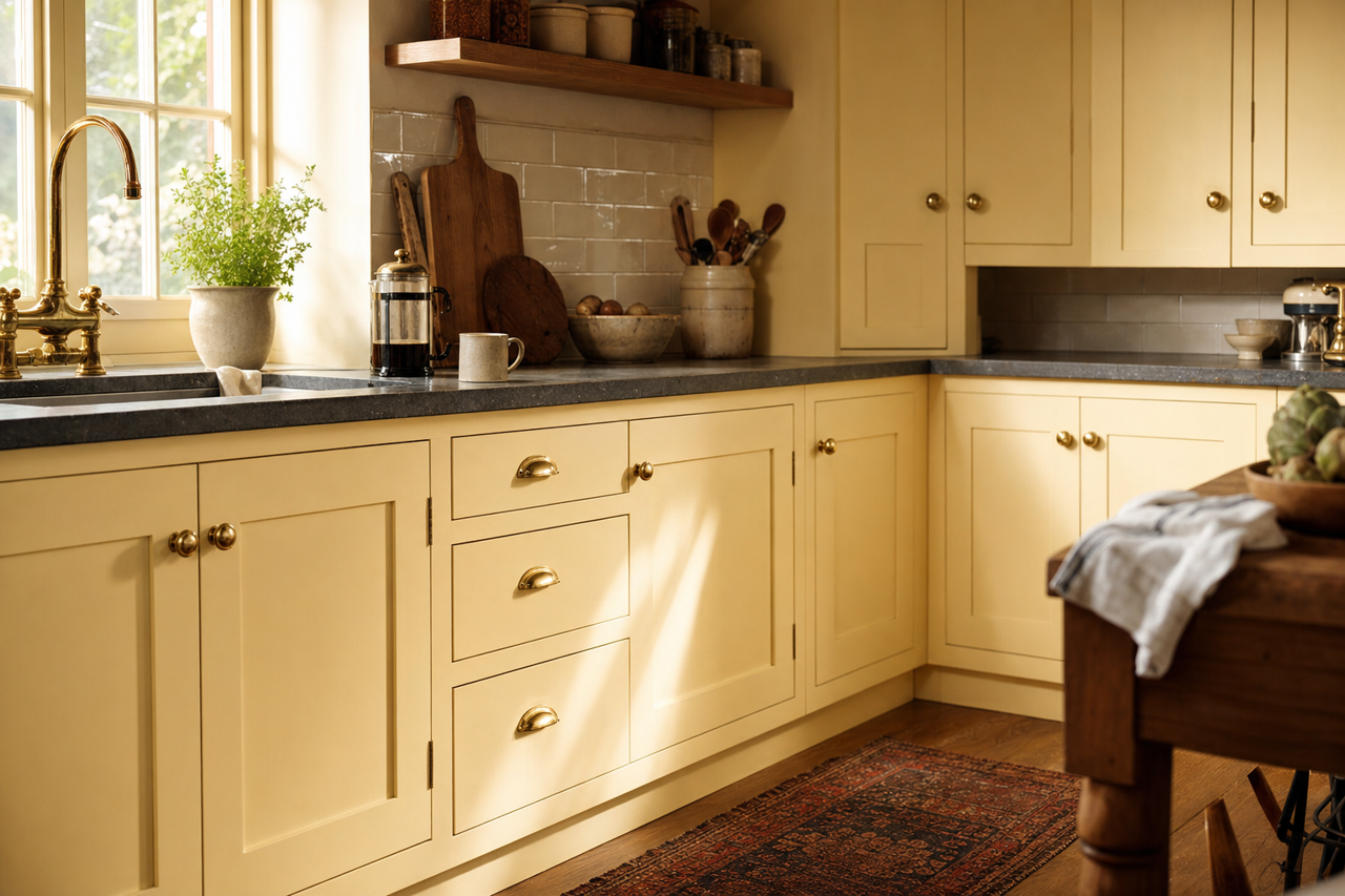 Champagne Tickle by Valspar on cabinets