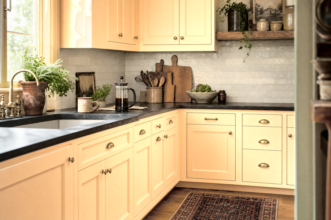 Peach Butter by Valspar on cabinets