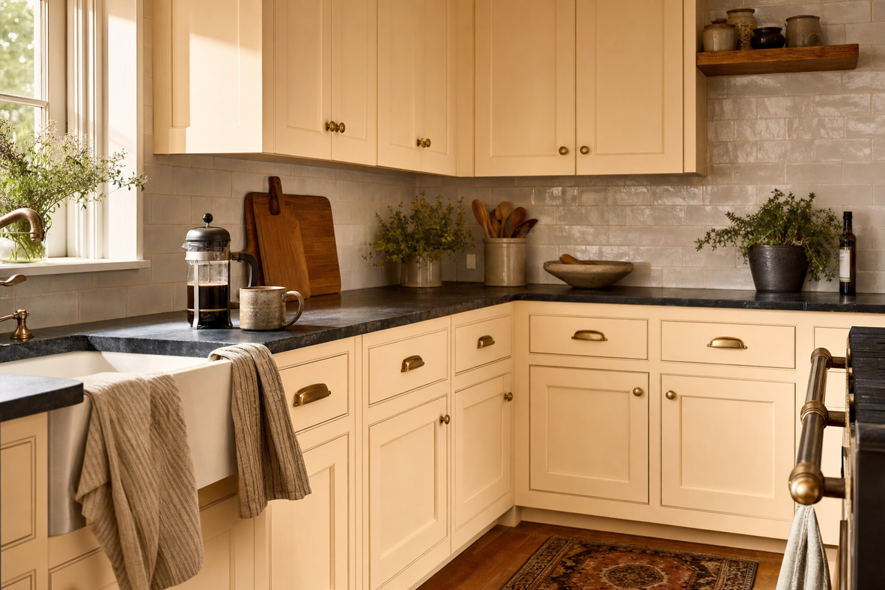 Almond Cream by Valspar on cabinets