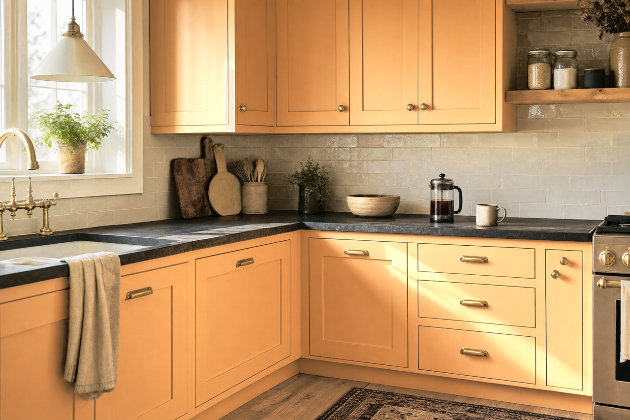 Spun Gold by Valspar on cabinets