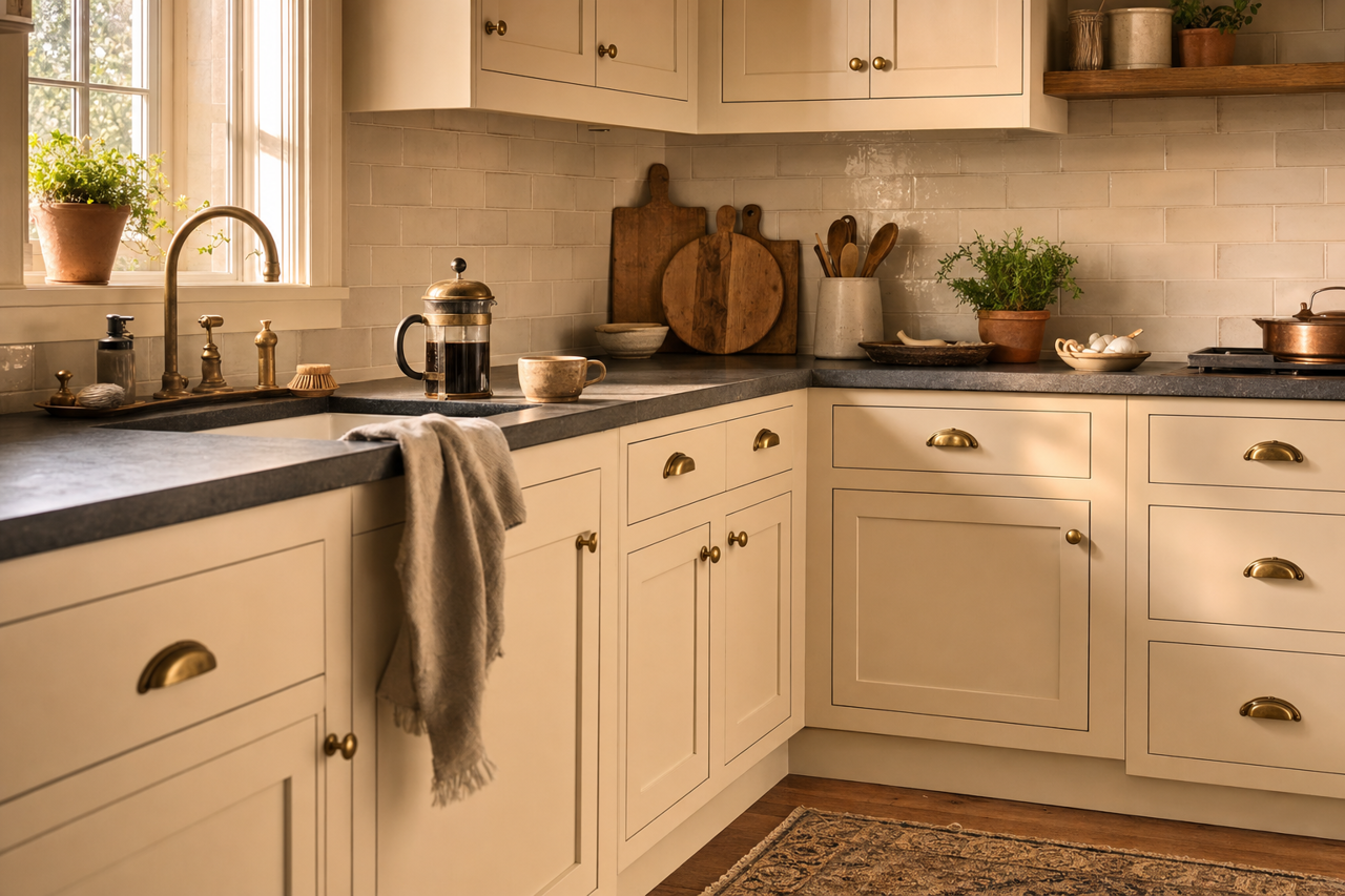 Savoury Beige by Valspar on cabinets