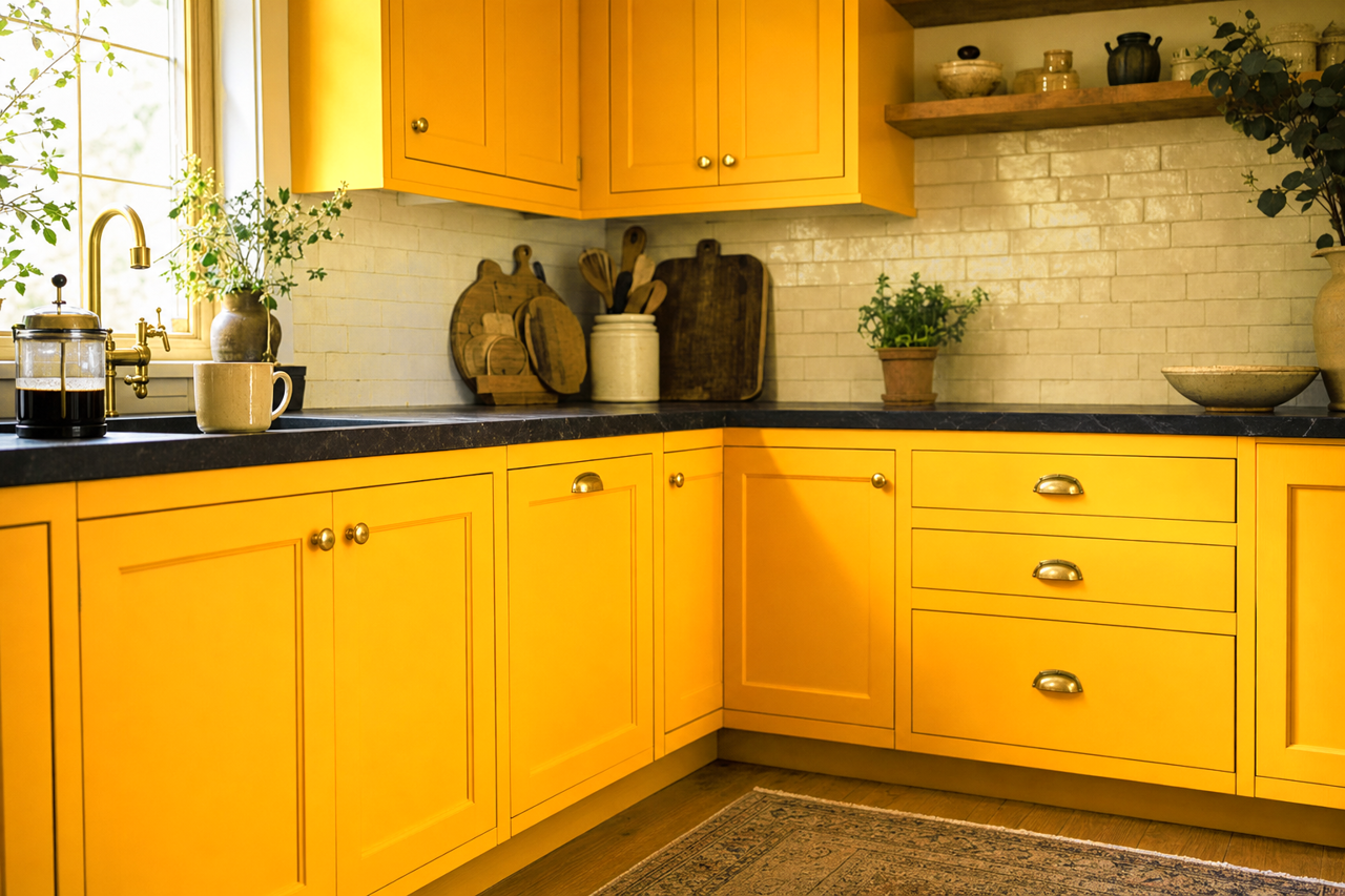 Golden Flame by Valspar on cabinets