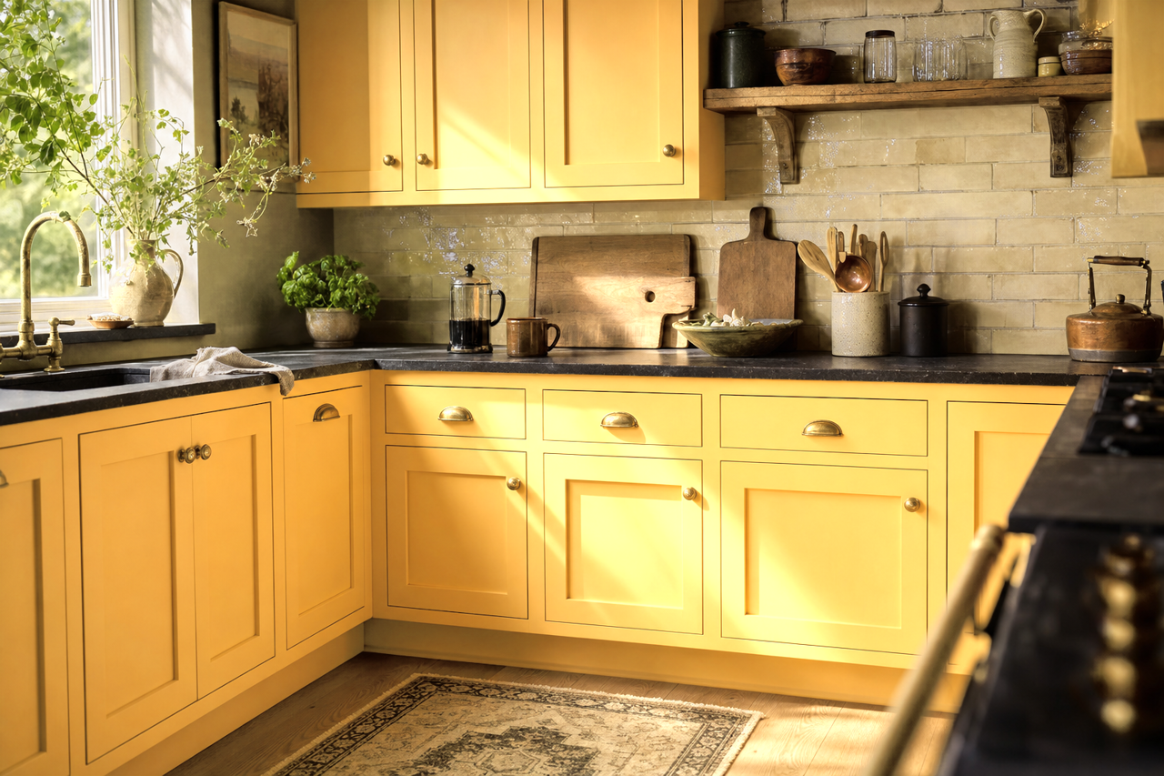 Golden Butter by Valspar on cabinets