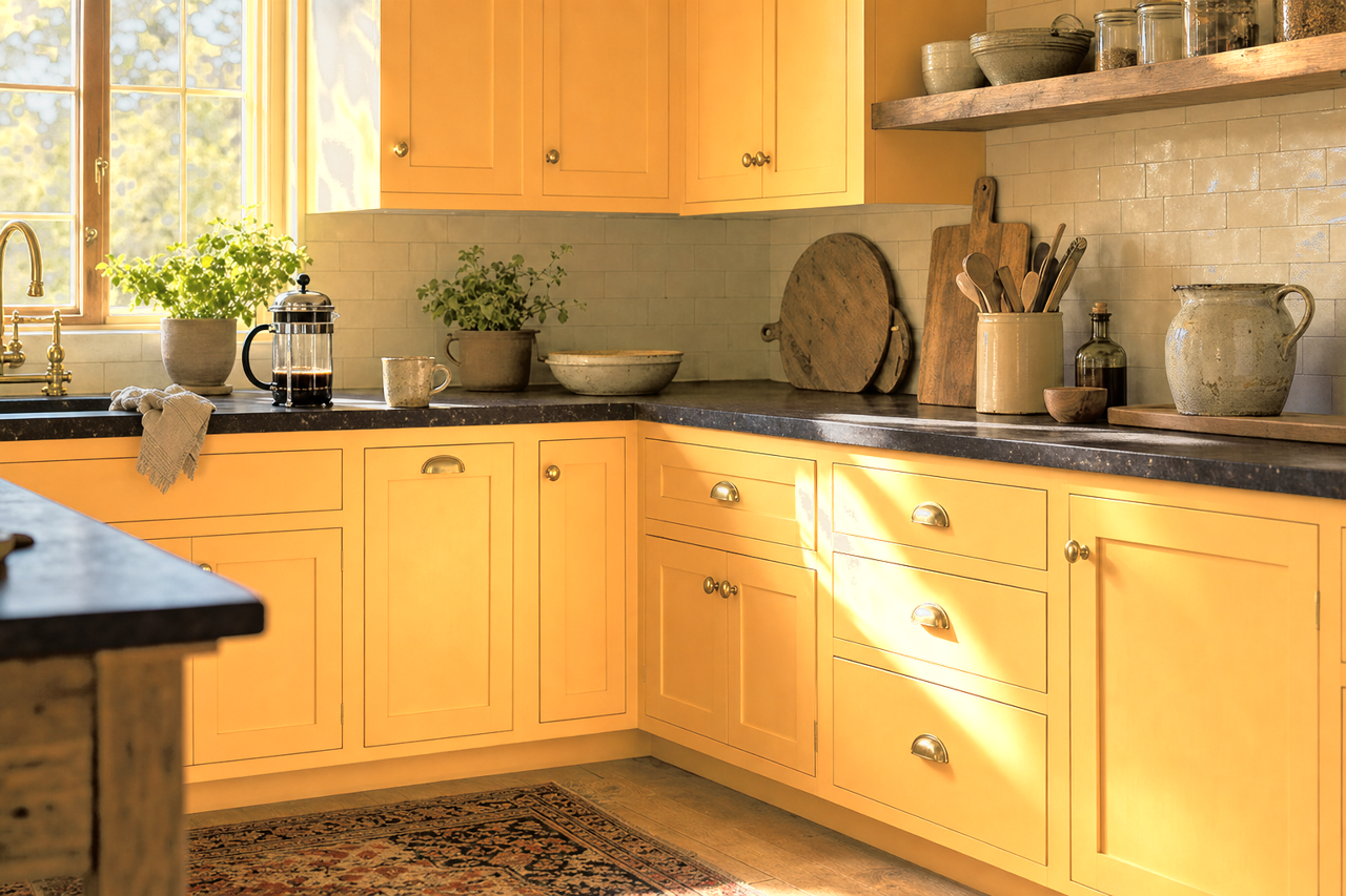 Peach Tea by Valspar on cabinets