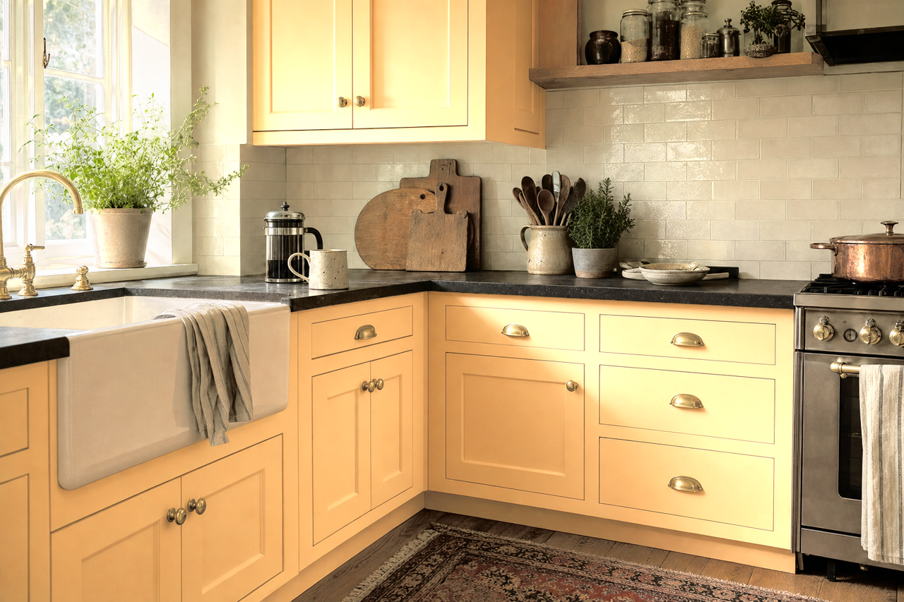 Apricot Mousse by Valspar on cabinets