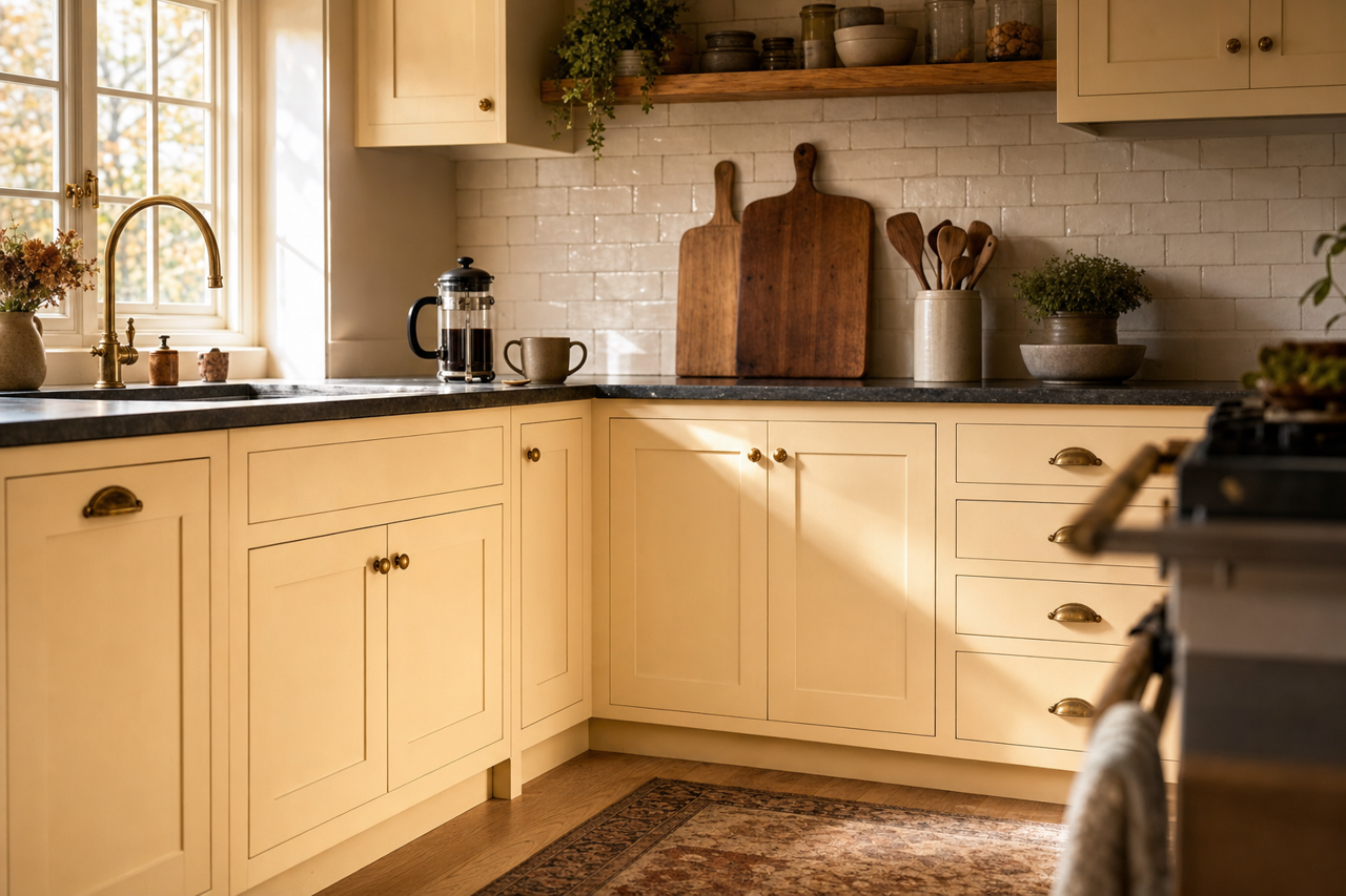 Cream Cake by Valspar on cabinets