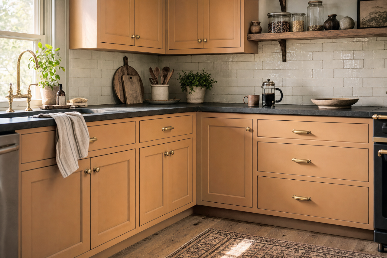Gleaming Tan by Valspar on cabinets