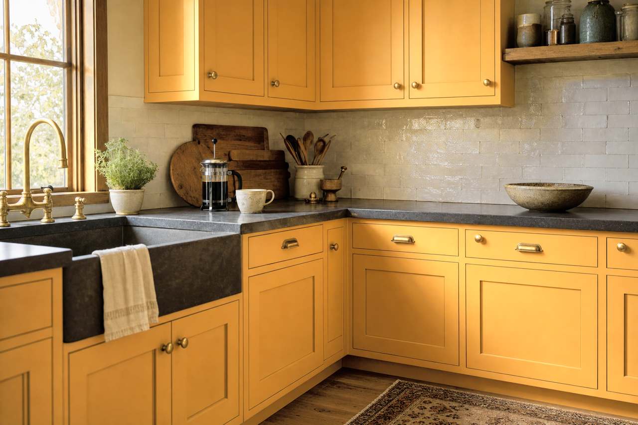 Caramel Honey by Valspar on cabinets