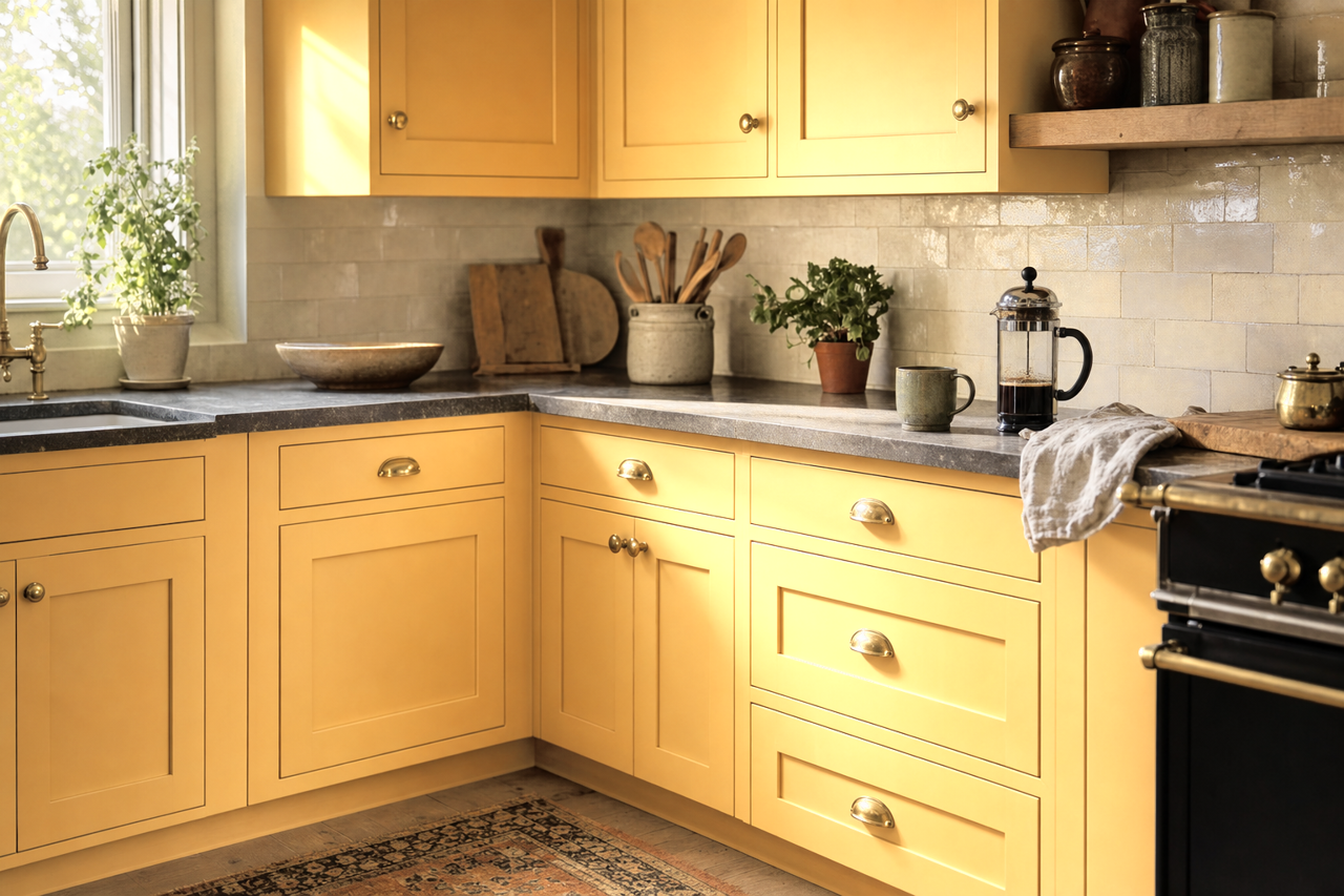 Pale Butter by Valspar on cabinets