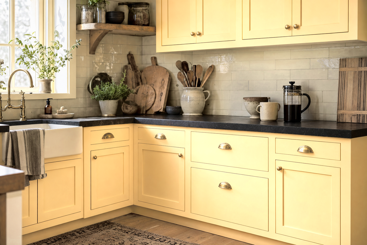 Maple Cream by Valspar on cabinets